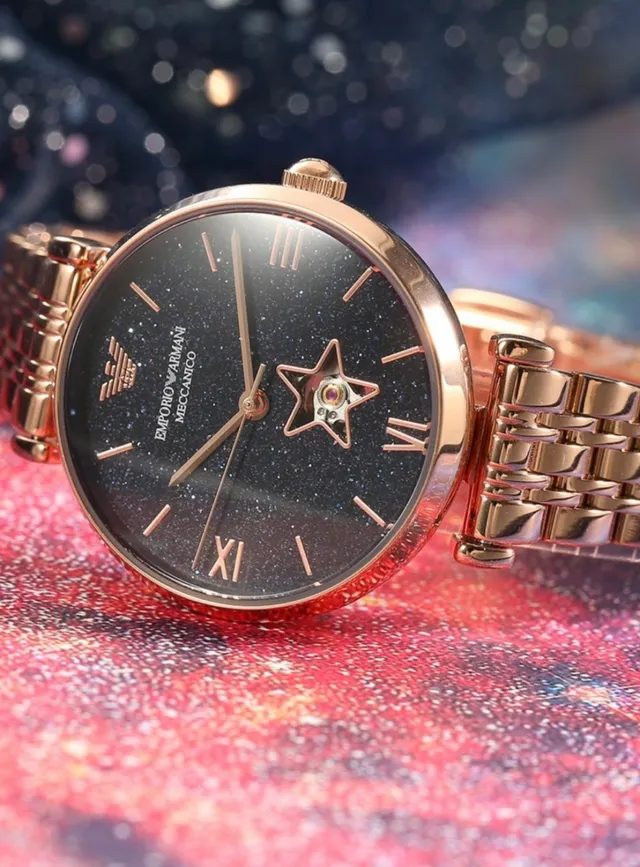 Emporio Armani যান্ত্রিক তারাচ্ছন্ন নীল ডায়াল গোলাপি সোনার টোন Quartz ঘড়ি 2