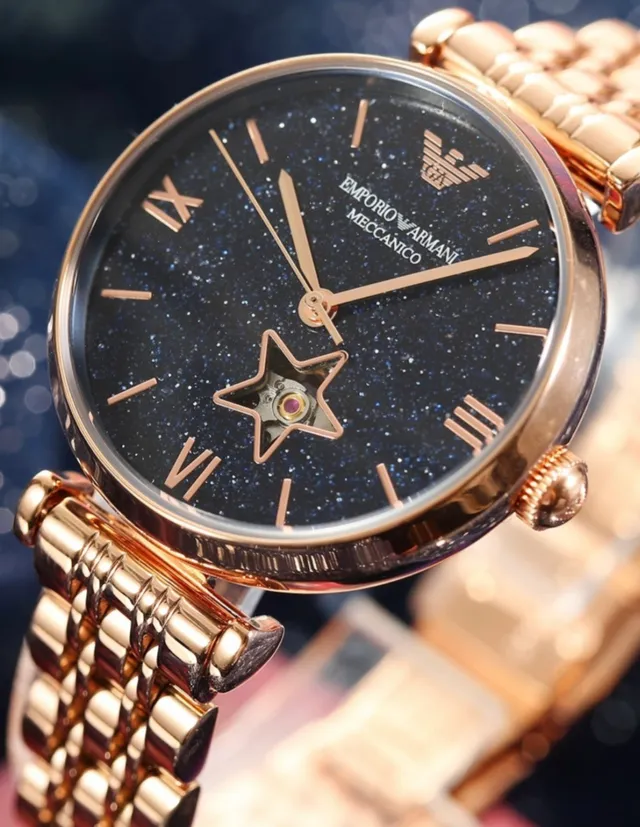 Emporio Armani যান্ত্রিক তারাচ্ছন্ন নীল ডায়াল গোলাপি সোনার টোন Quartz ঘড়ি 3