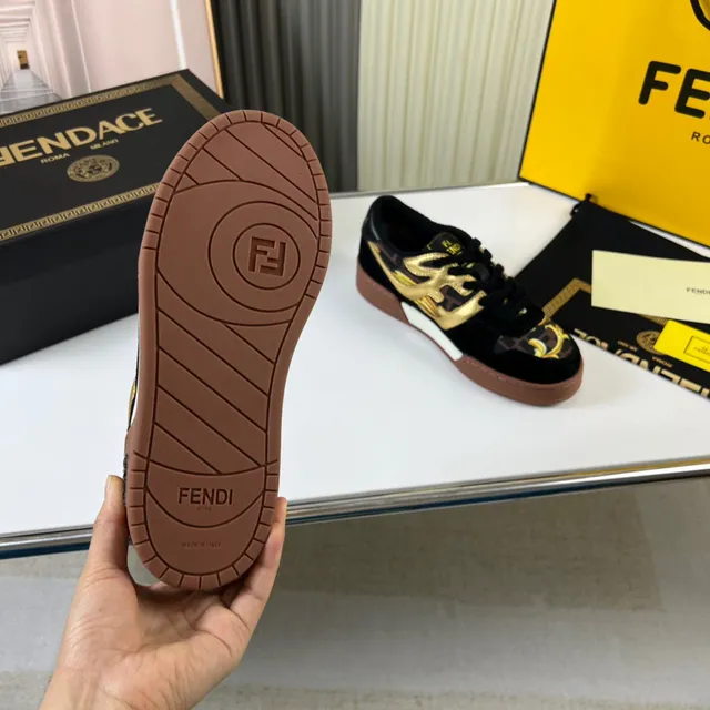 Fendi Black Gold Baroque-Print Textile Metallic Flame Motif Lifestyle Sneakers 2