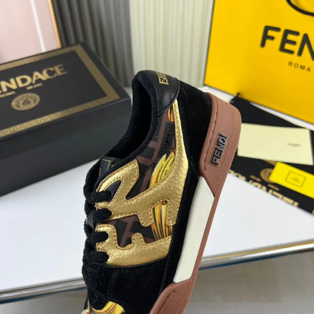 Fendi Black Gold Baroque-Print Textile Metallic Flame Motif Lifestyle Sneakers 3