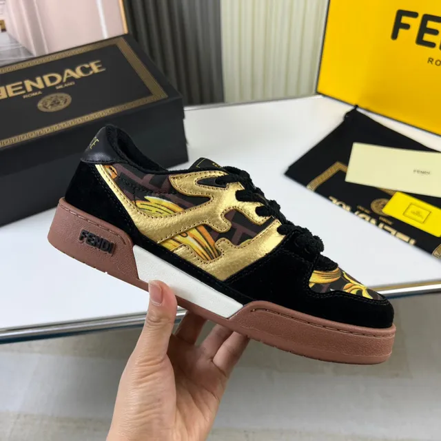 Fendi Black Gold Baroque-Print Textile Metallic Flame Motif Lifestyle Sneakers 4