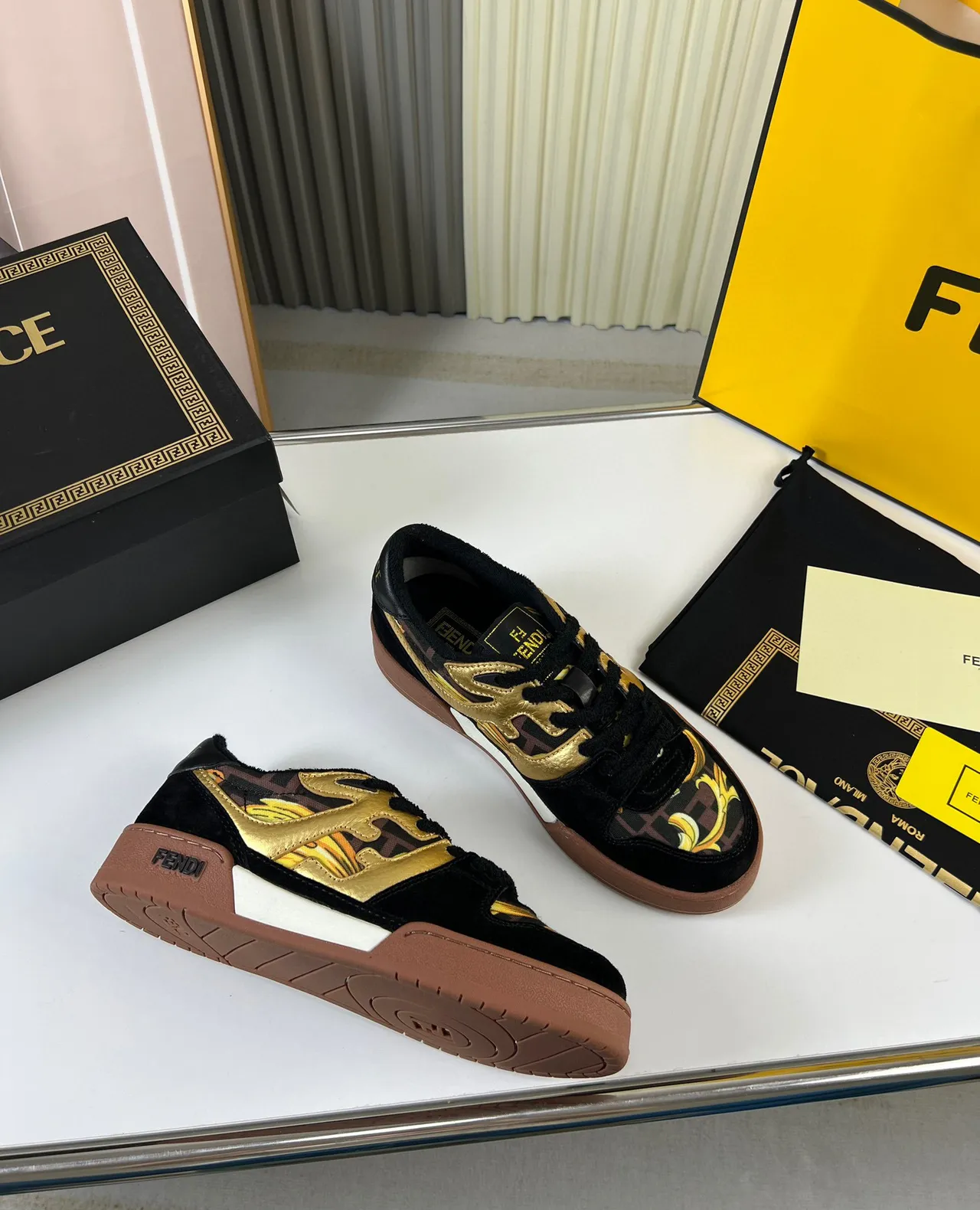 Fendi Black Gold Baroque-Print Textile Metallic Flame Motif Lifestyle Sneakers 5