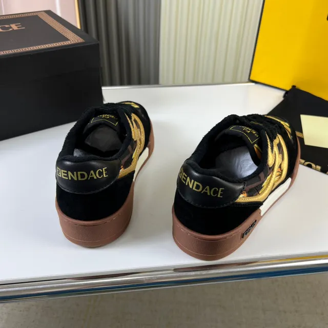 Fendi Black Gold Baroque-Print Textile Metallic Flame Motif Lifestyle Sneakers 6