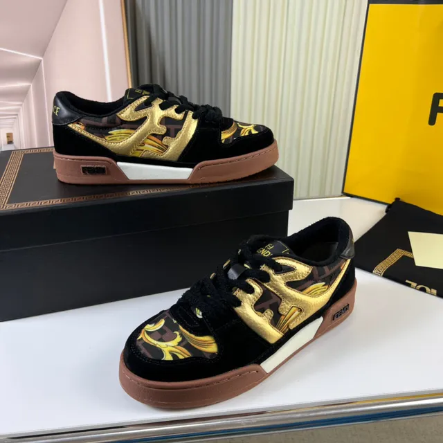 Fendi Black Gold Baroque-Print Textile Metallic Flame Motif Lifestyle Sneakers 7