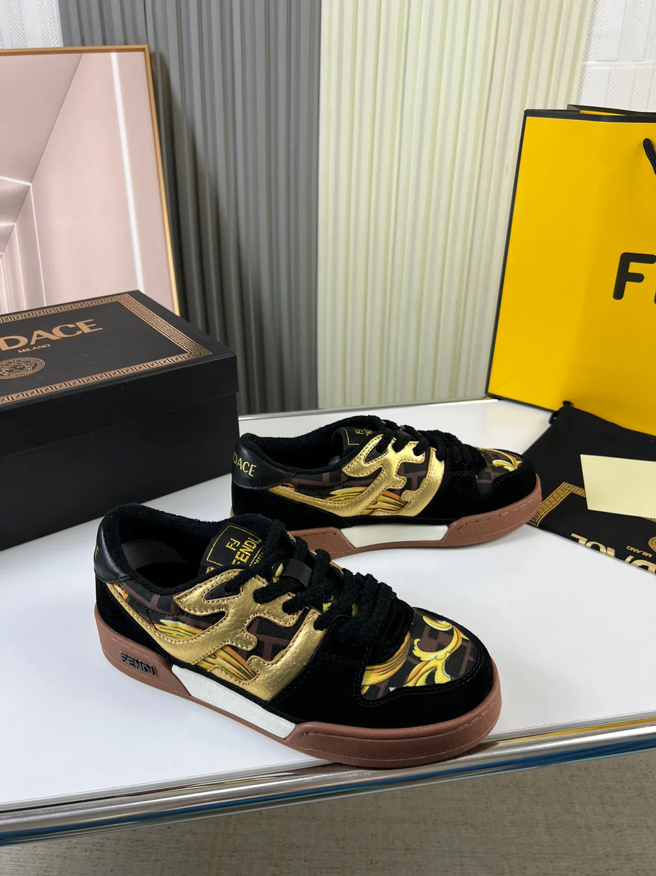 Fendi Black Gold Baroque-Print Textile Metallic Flame Motif Lifestyle Sneakers 8
