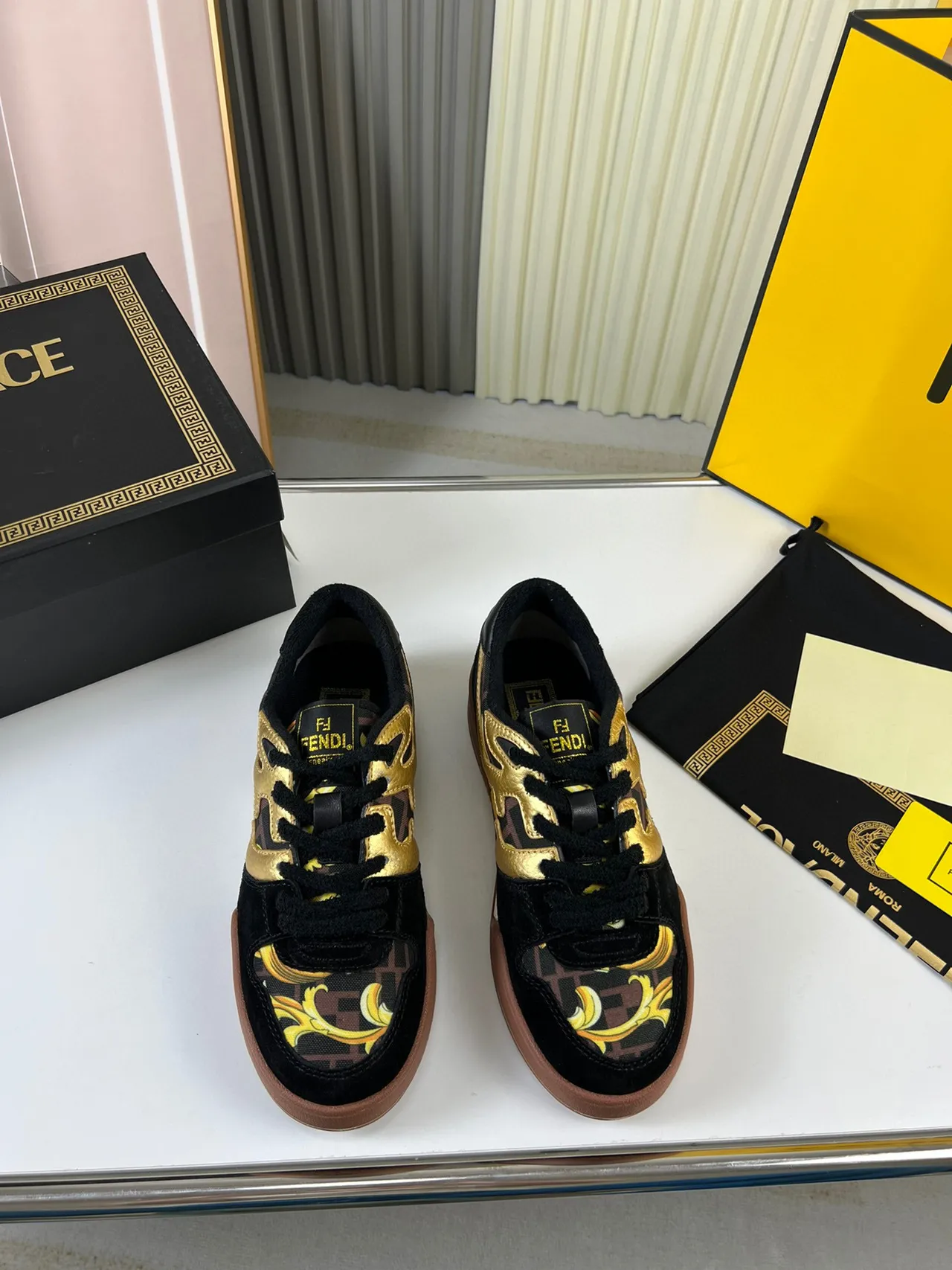 Fendi Black Gold Baroque-Print Textile Metallic Flame Motif Lifestyle Sneakers 9