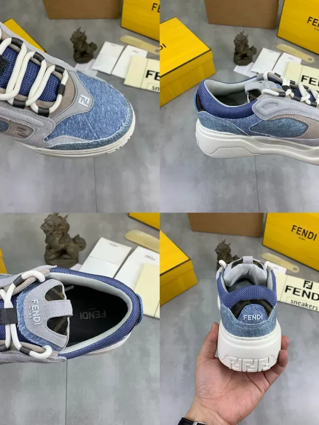 Fendi Blue Gray Denim-Suede Patchwork Chunky Platform Sole Lifestyle Sneakers 2