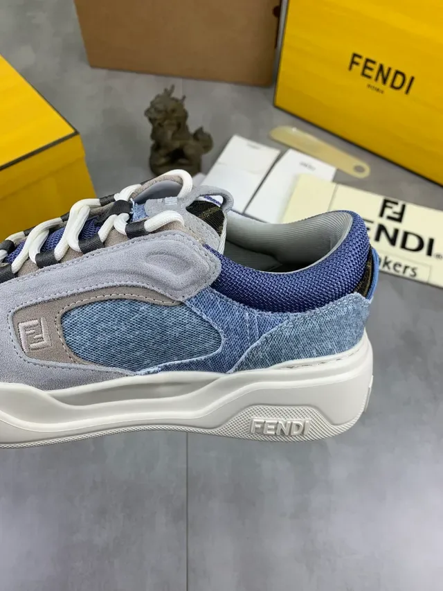 Fendi Blue Gray Denim-Suede Patchwork Chunky Platform Sole Lifestyle Sneakers 4