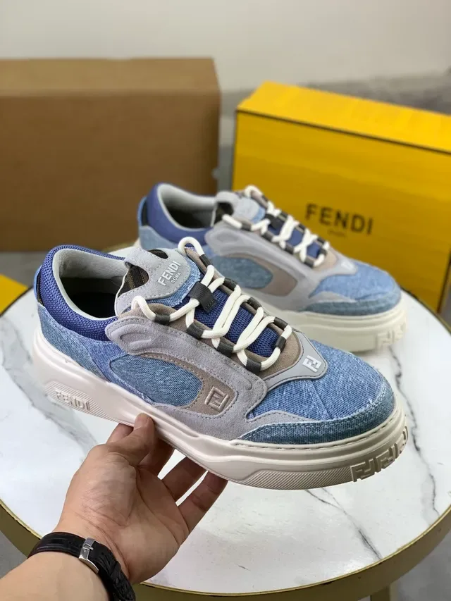 Fendi Blue Gray Denim-Suede Patchwork Chunky Platform Sole Lifestyle Sneakers 5