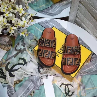 Fendi FF Buckle Slide বাদামী কালো ডাবল স্ট্র্যাপ ক্যাজুয়াল স্যান্ডেল