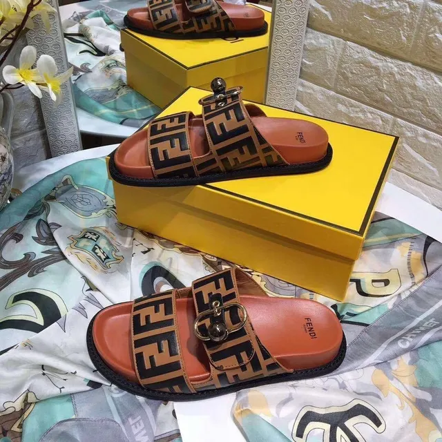 Fendi FF Buckle Slide Brown Black Double-Strap Casual Sandals 2