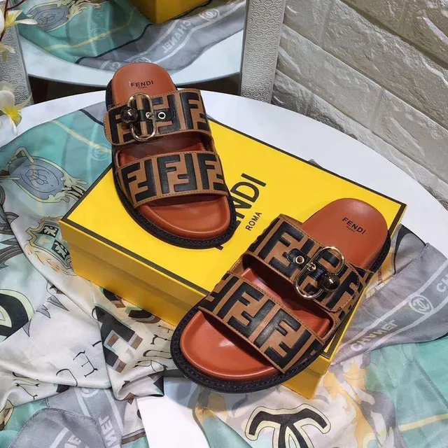Fendi FF Buckle Slide Brown Black Double-Strap Casual Sandals 3