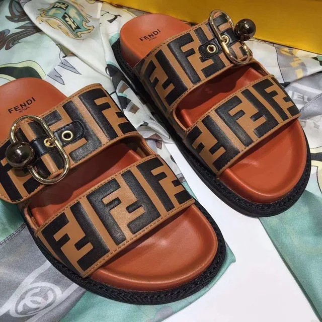 Fendi FF Buckle Slide Brown Black Double-Strap Casual Sandals 4