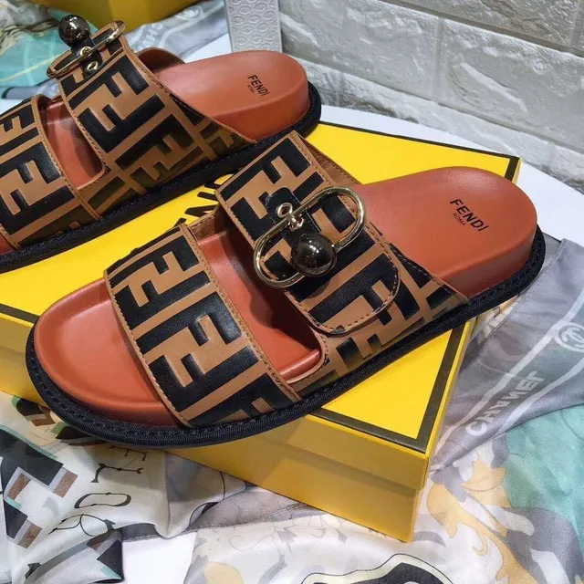 Fendi FF Buckle Slide Brown Black Double-Strap Casual Sandals 5