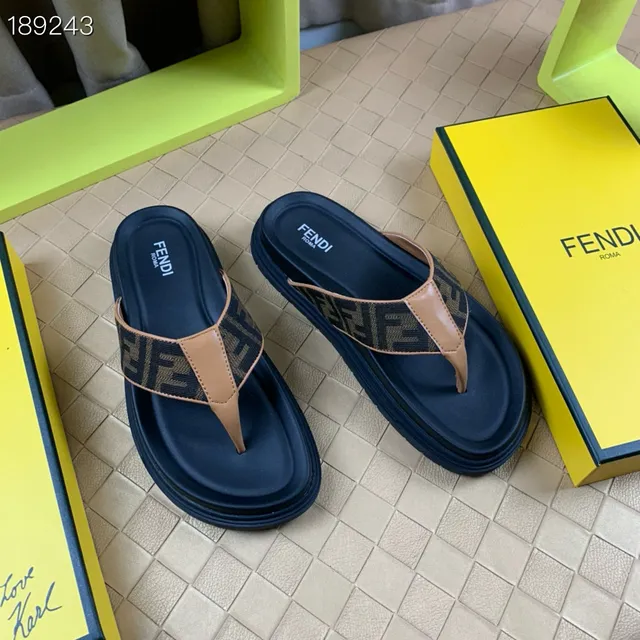 Fendi FF Monogram Tan Trim Navy Platform Slippers 8