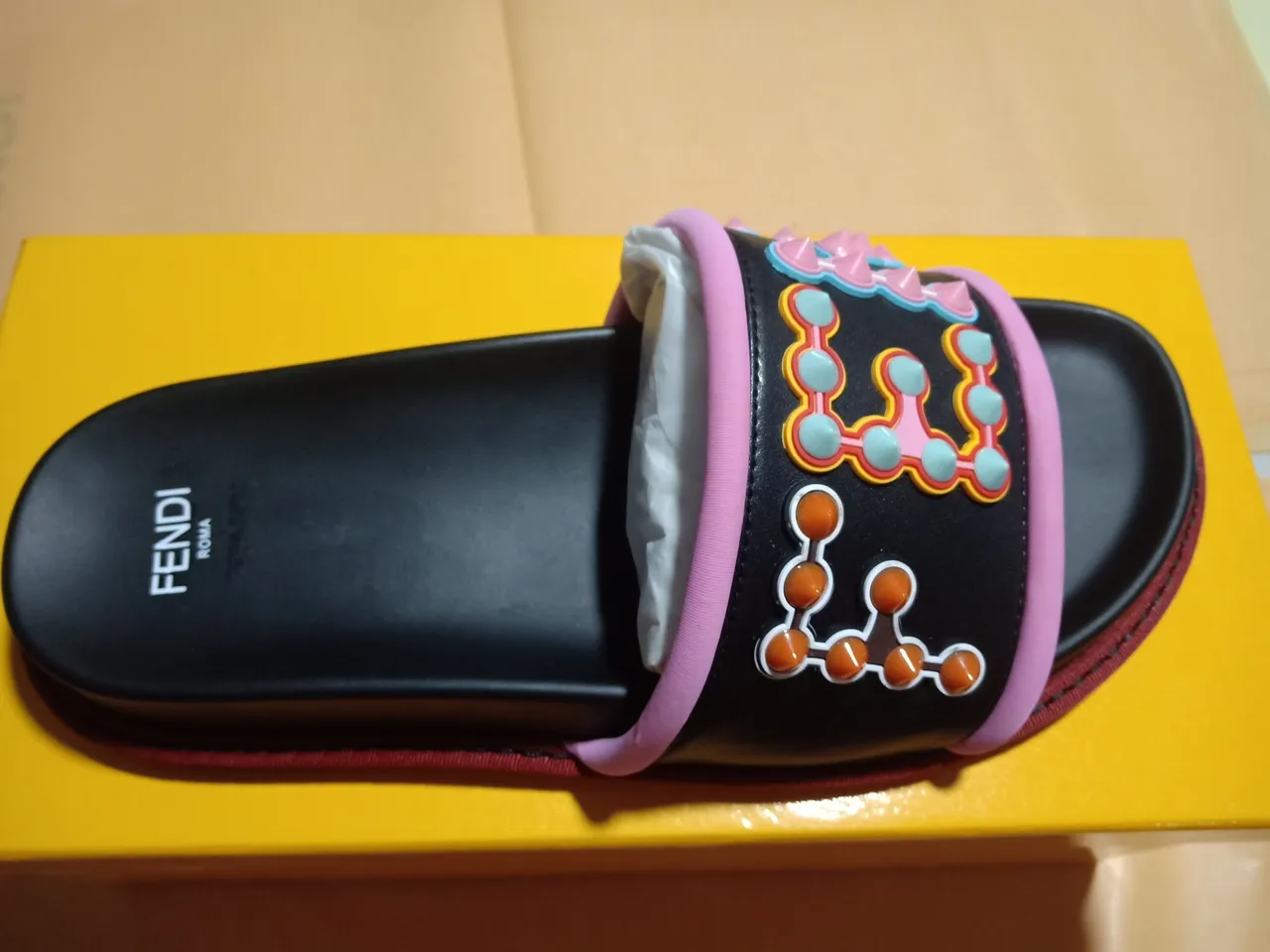 Fendi Logo Beaded Strap Black Pink Multicolor Slippers 3