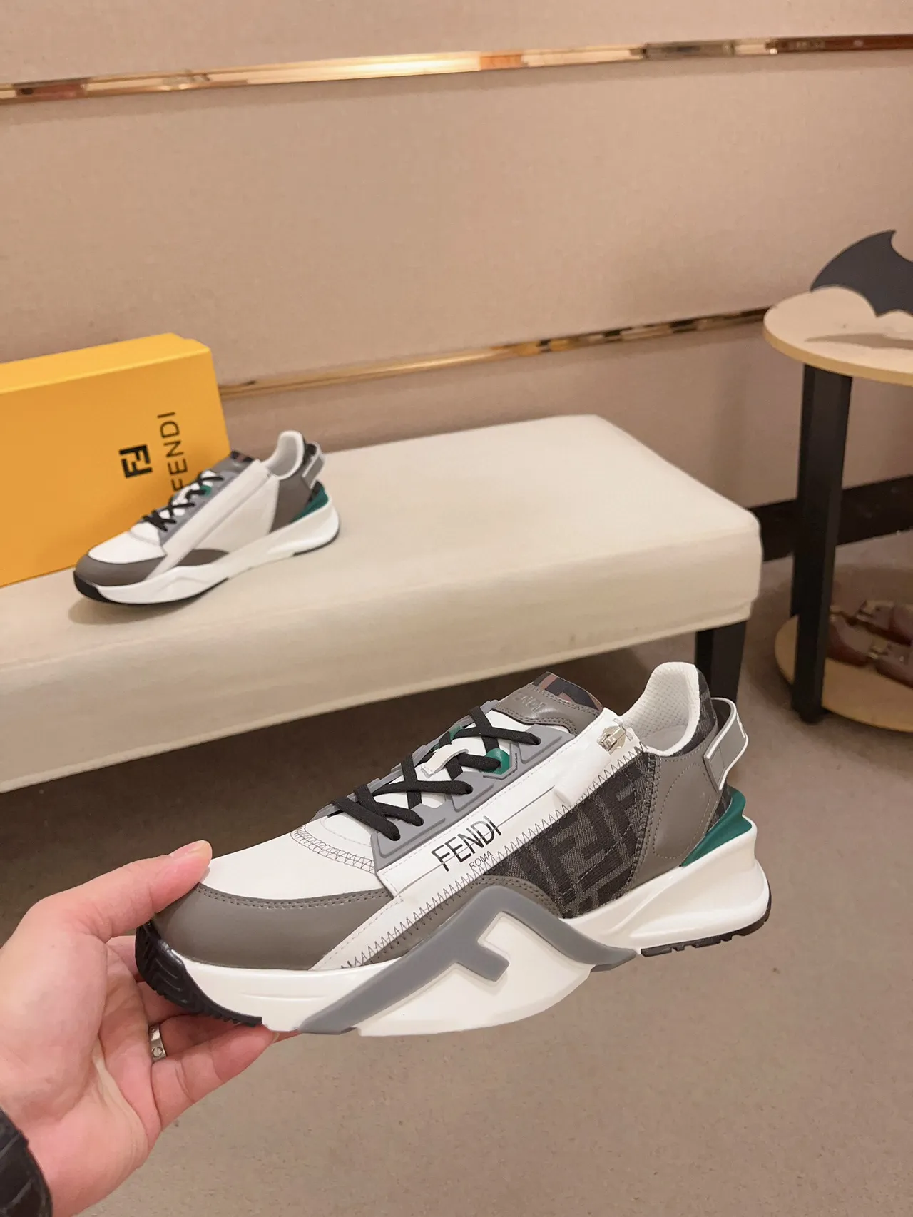 Fendi Runner White Gray Green Chunky Sneakers 3