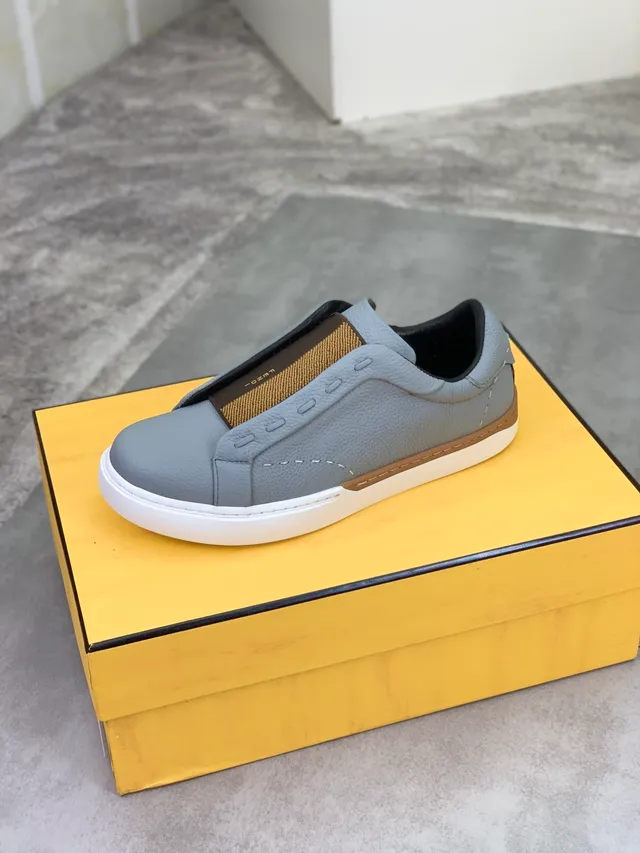 Fendi Sneaker Slip-On Gris Marron Construction Cuir Pebbled Haut Lifestyle Sneakers 4