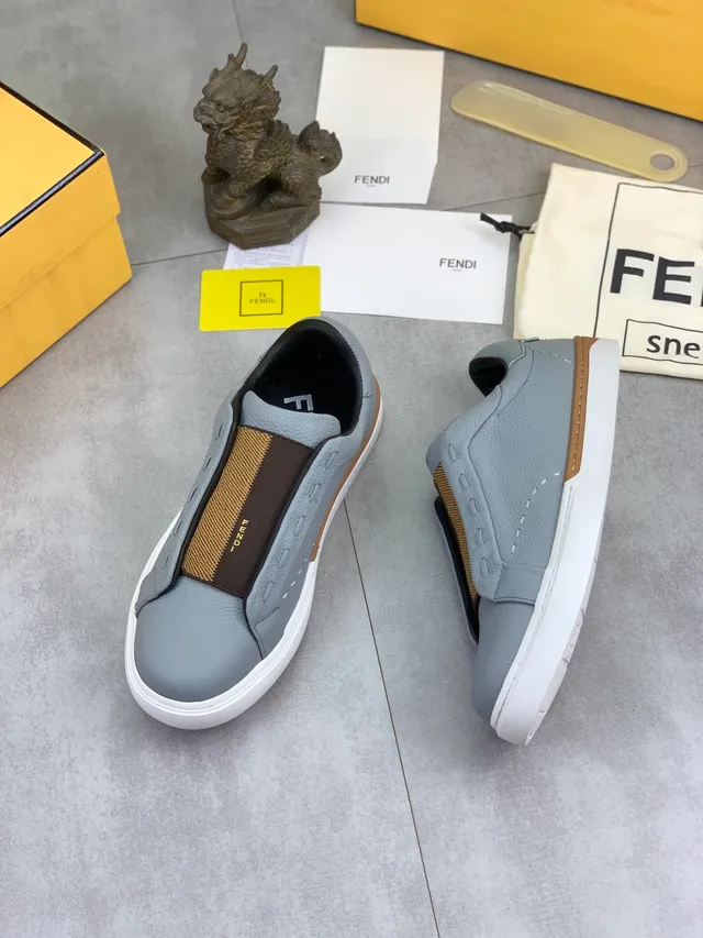 Fendi Sneaker Slip-On Gris Marron Construction Cuir Pebbled Haut Lifestyle Sneakers 5