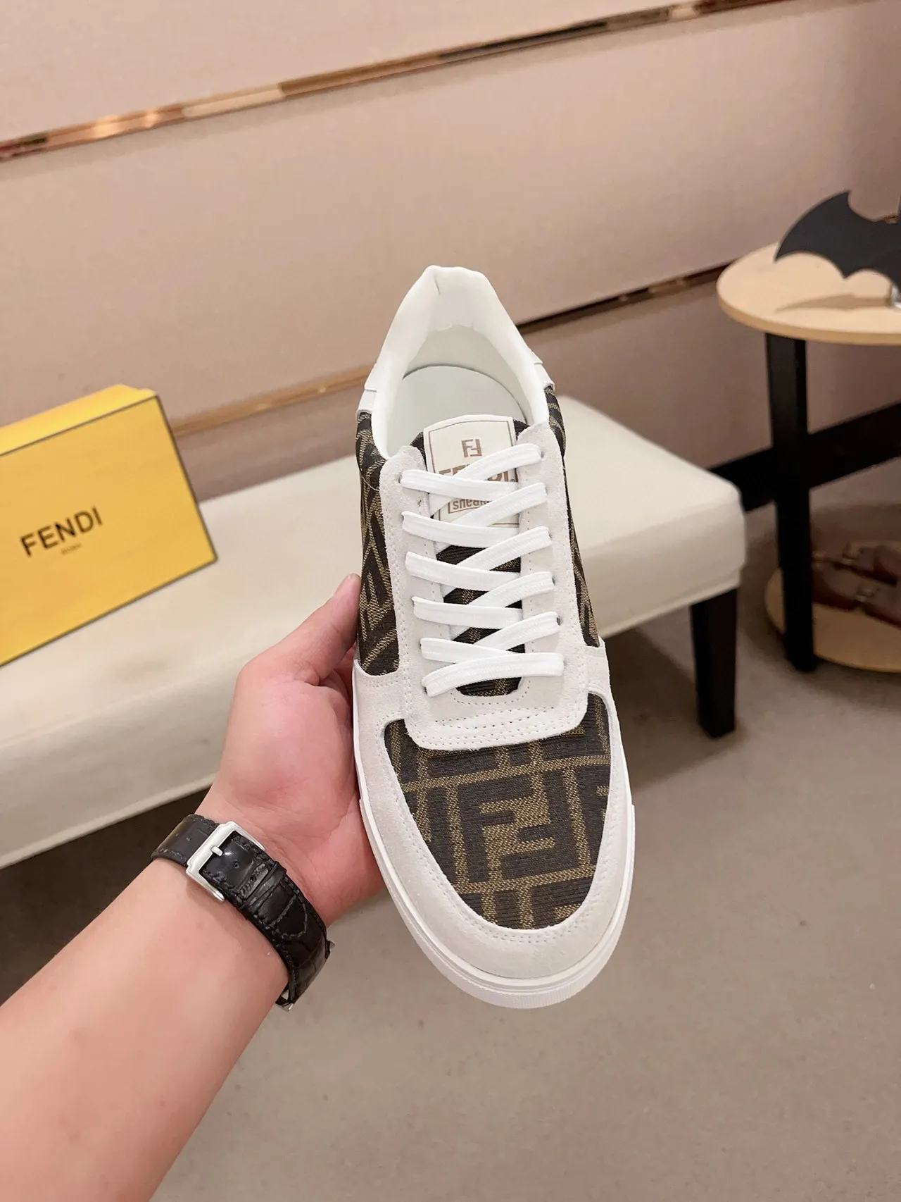 Fendi White Brown Low-Top Suede And Printed Fabric Upper Lifestyle Sneakers 2