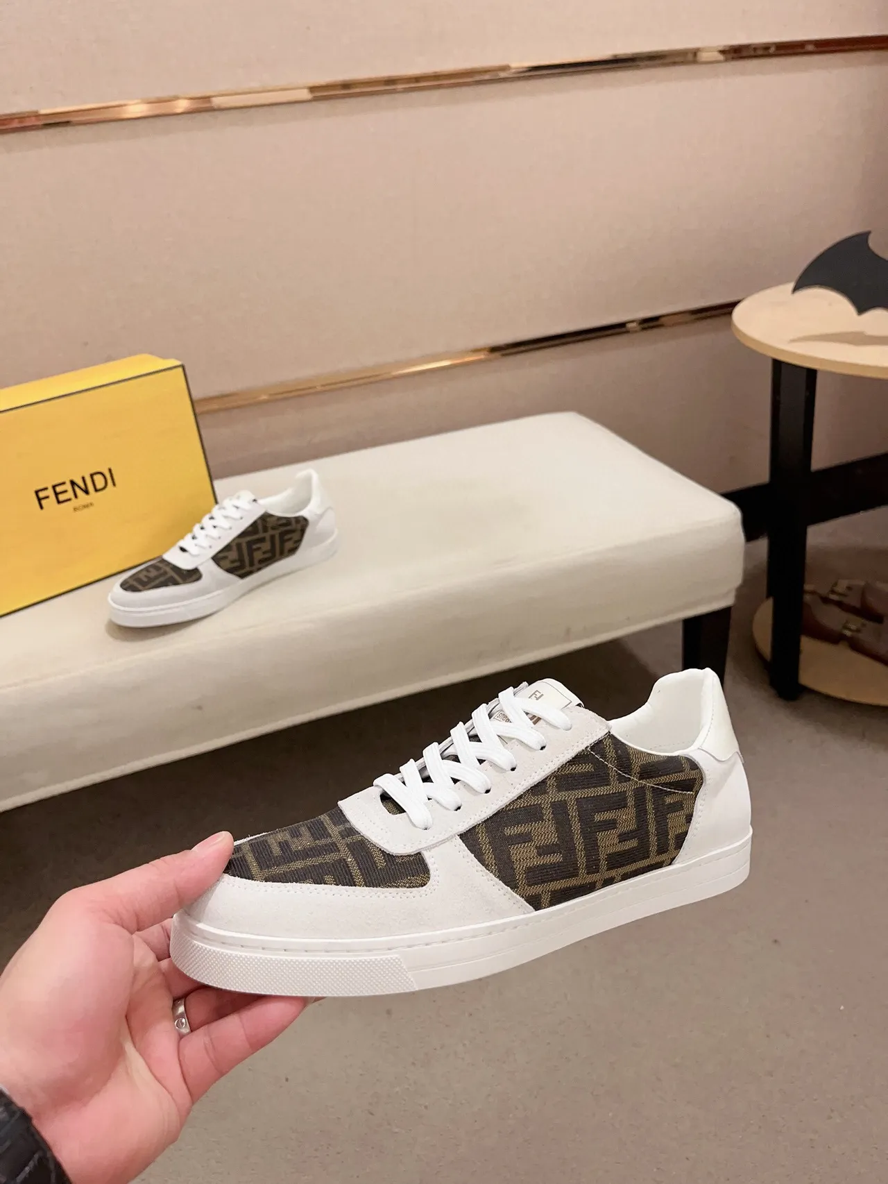 Fendi White Brown Low-Top Suede And Printed Fabric Upper Lifestyle Sneakers 3