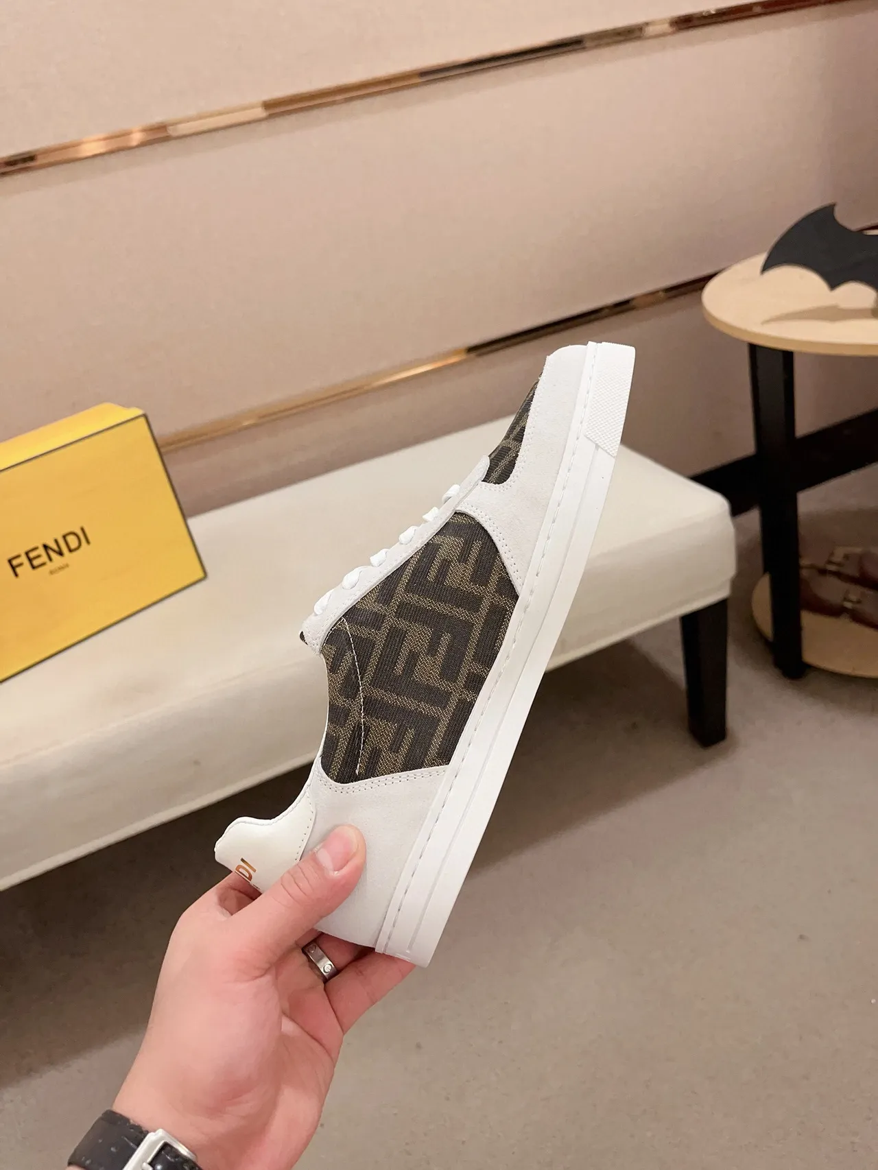 Fendi White Brown Low-Top Suede And Printed Fabric Upper Lifestyle Sneakers 5