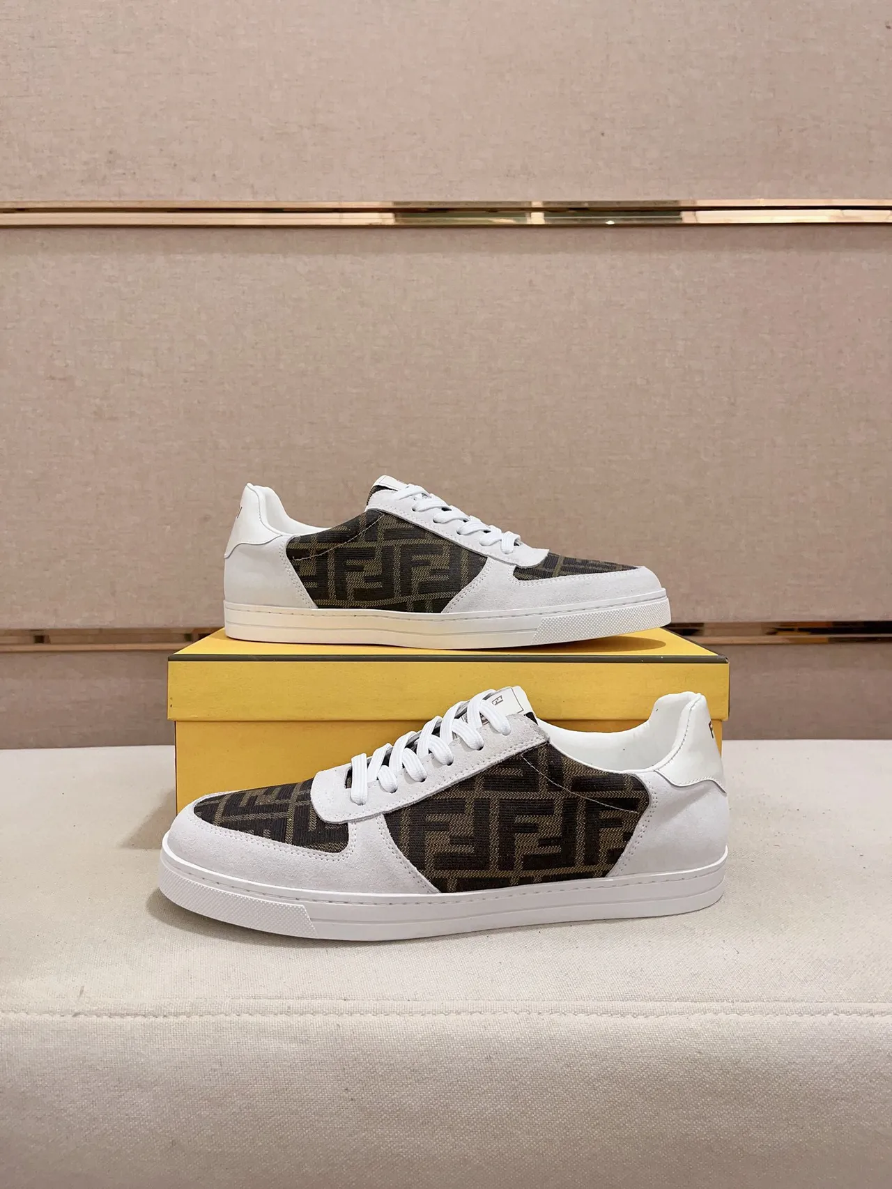 Fendi White Brown Low-Top Suede And Printed Fabric Upper Lifestyle Sneakers 6