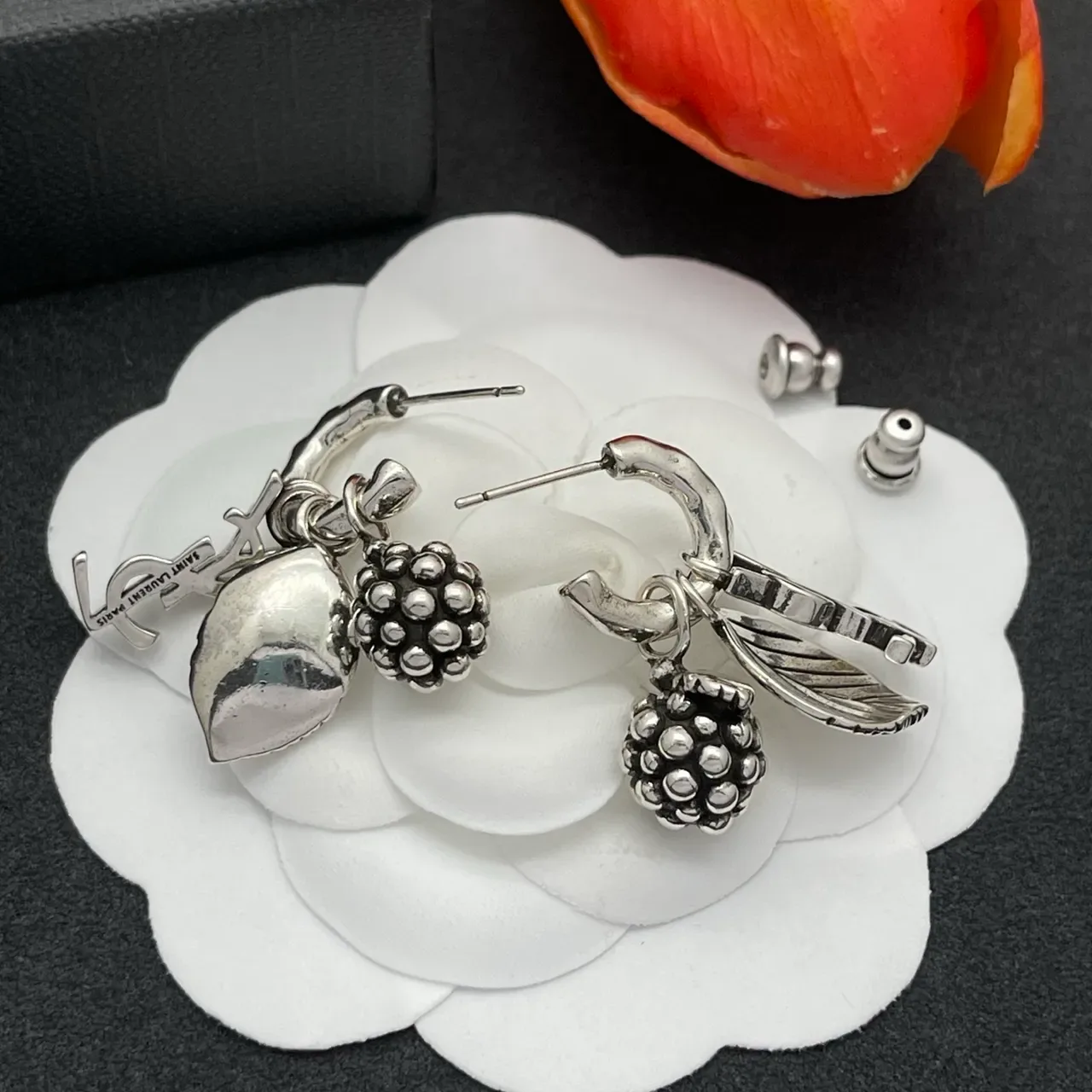 Antiqued Silver Blackberry and Leaf Charm Hoop Earrings 4