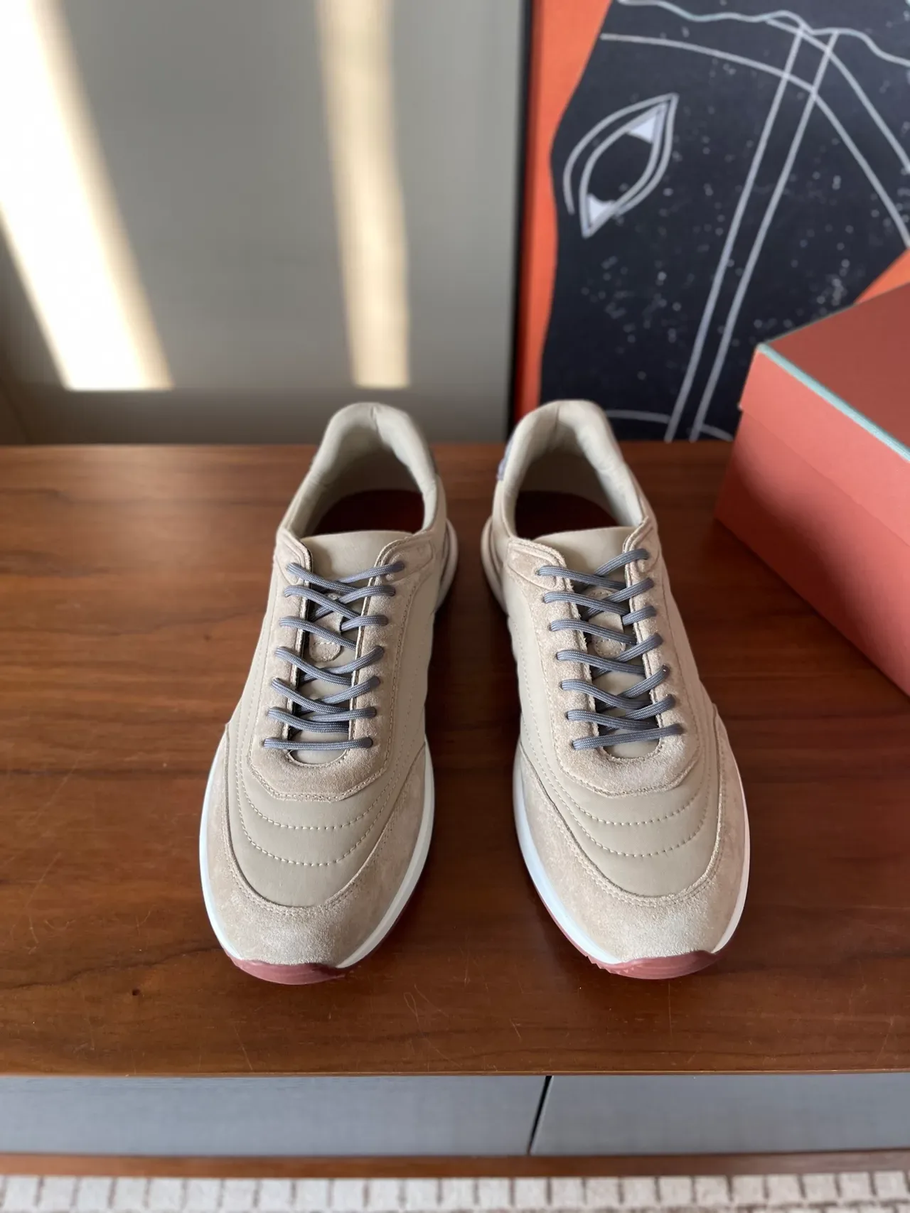 Beige Gray Layered Suede Upper Flat Laces Sneakers 4