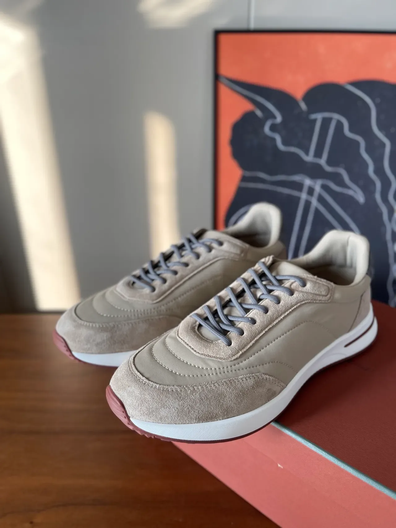 Beige Gray Layered Suede Upper Flat Laces Sneakers 5