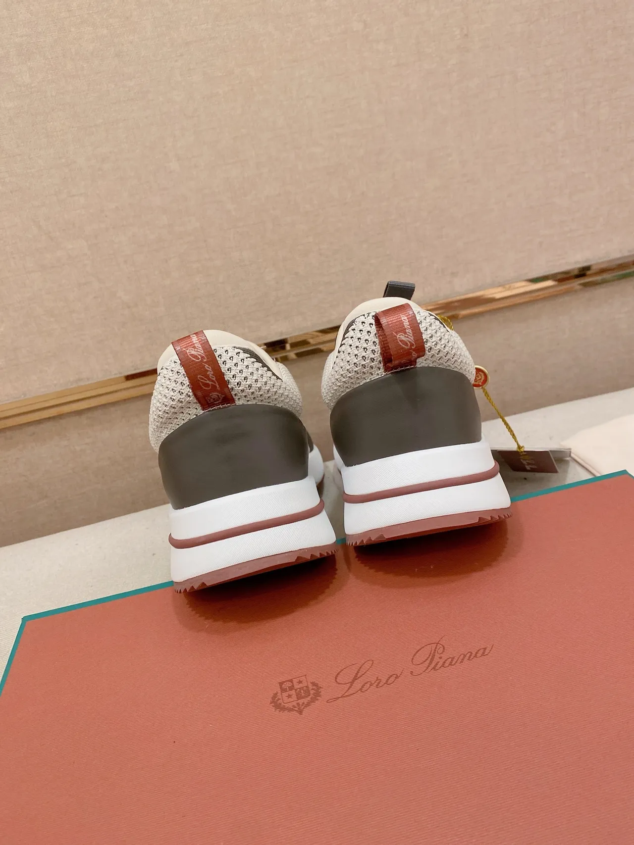 Beige Red Knit-Mesh Hybrid Upper Sculpted White Midsole Sneakers 3