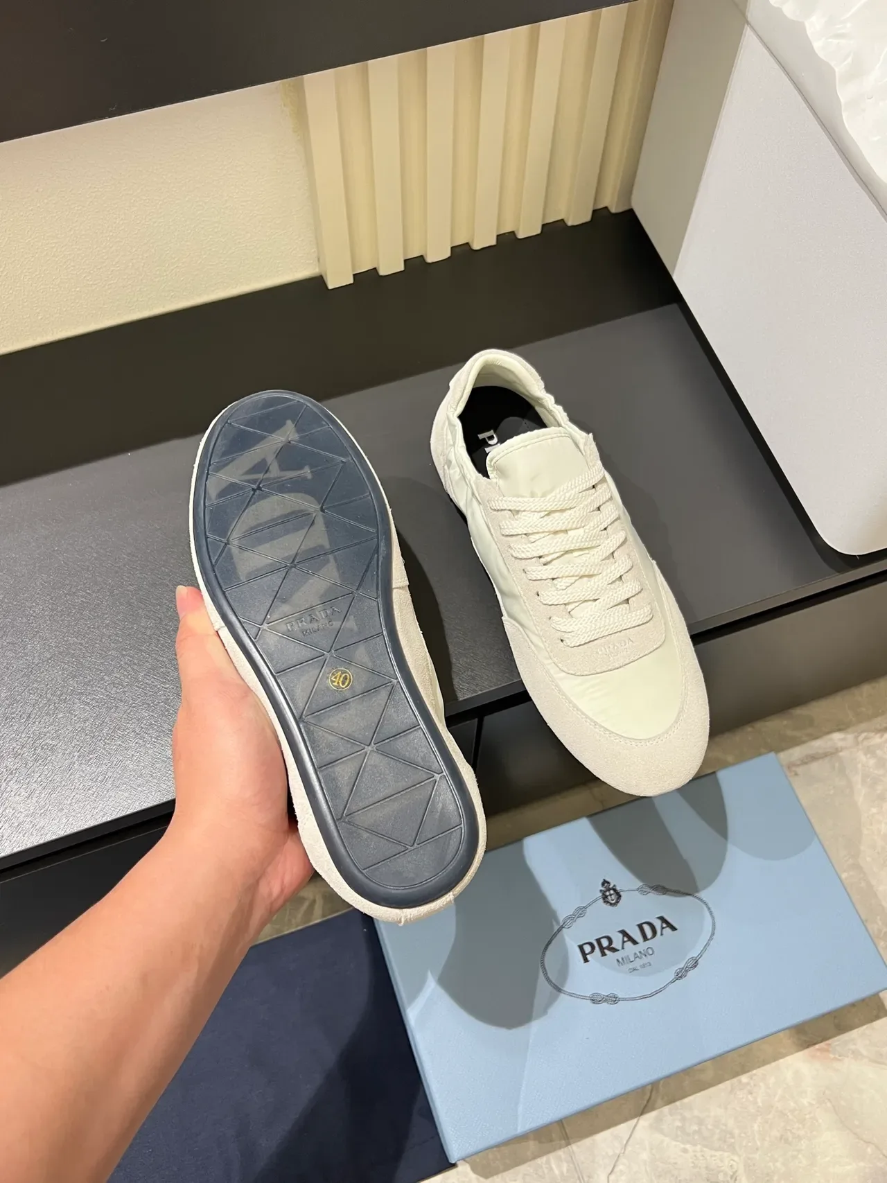Beige White Mixed-Material Upper Suede And Nylon Paneling Sneakers 3