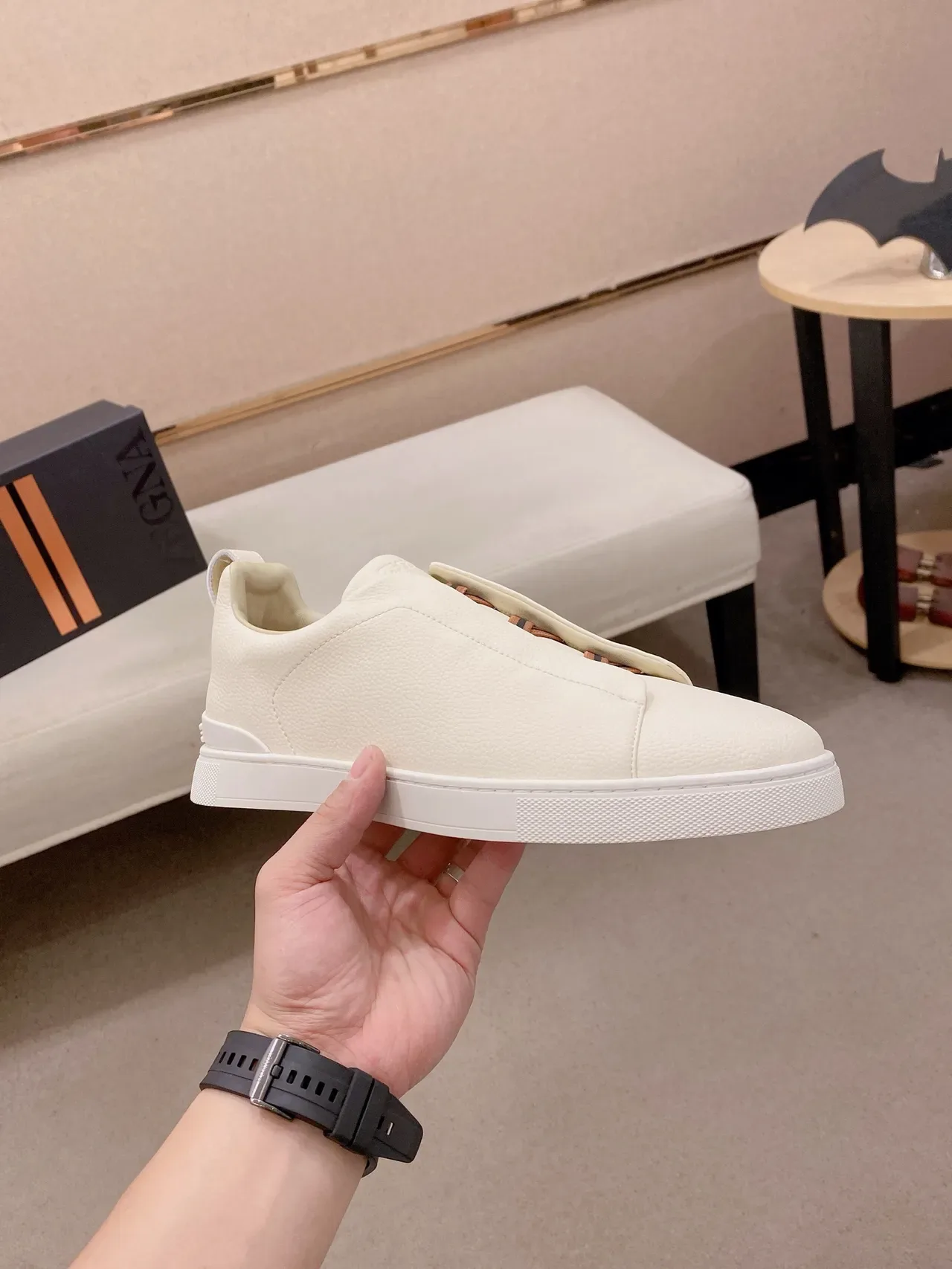 Beige White Slip-On Pebbled Texture Sneakers 4