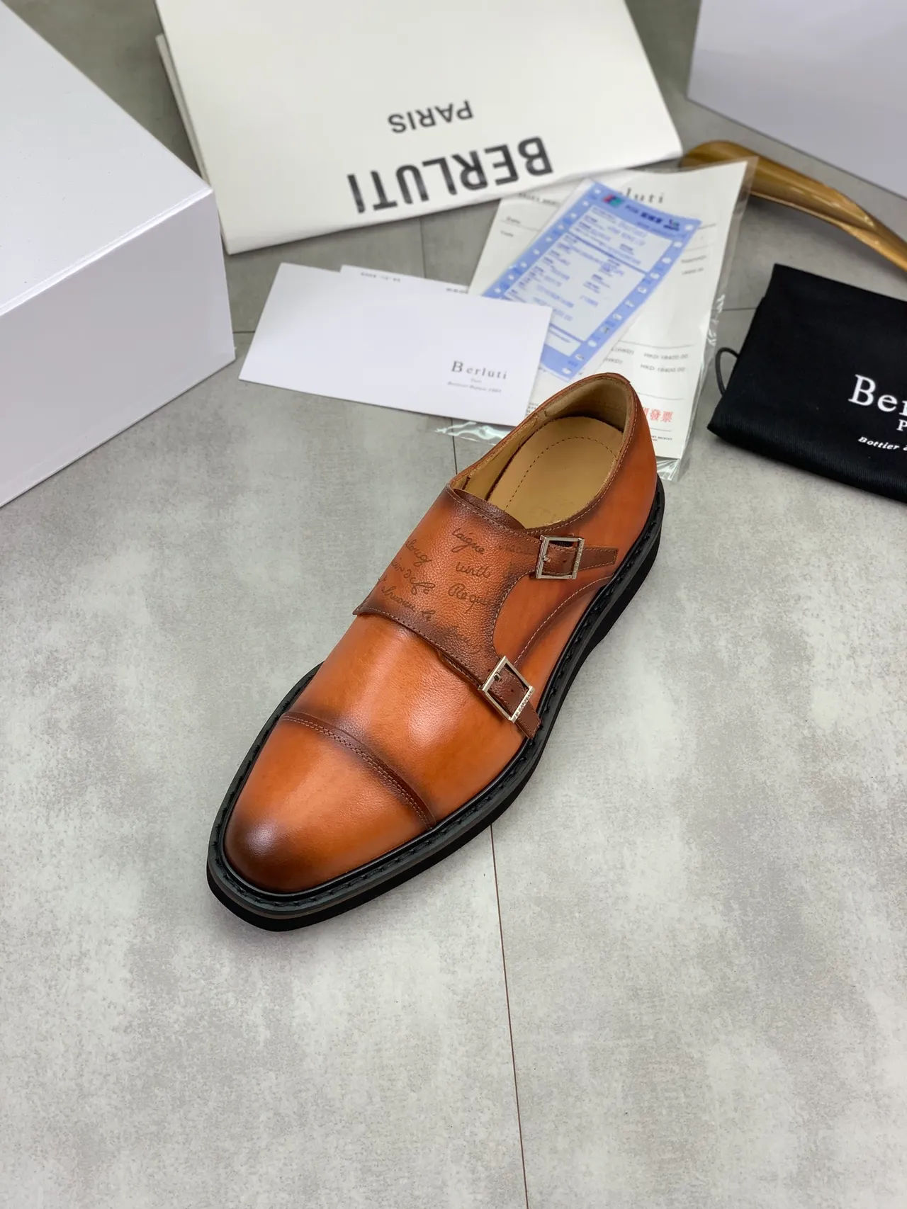 BERLUTI Double Corréa Monk Marron Noir Bout Cap Chaussures Monk 4