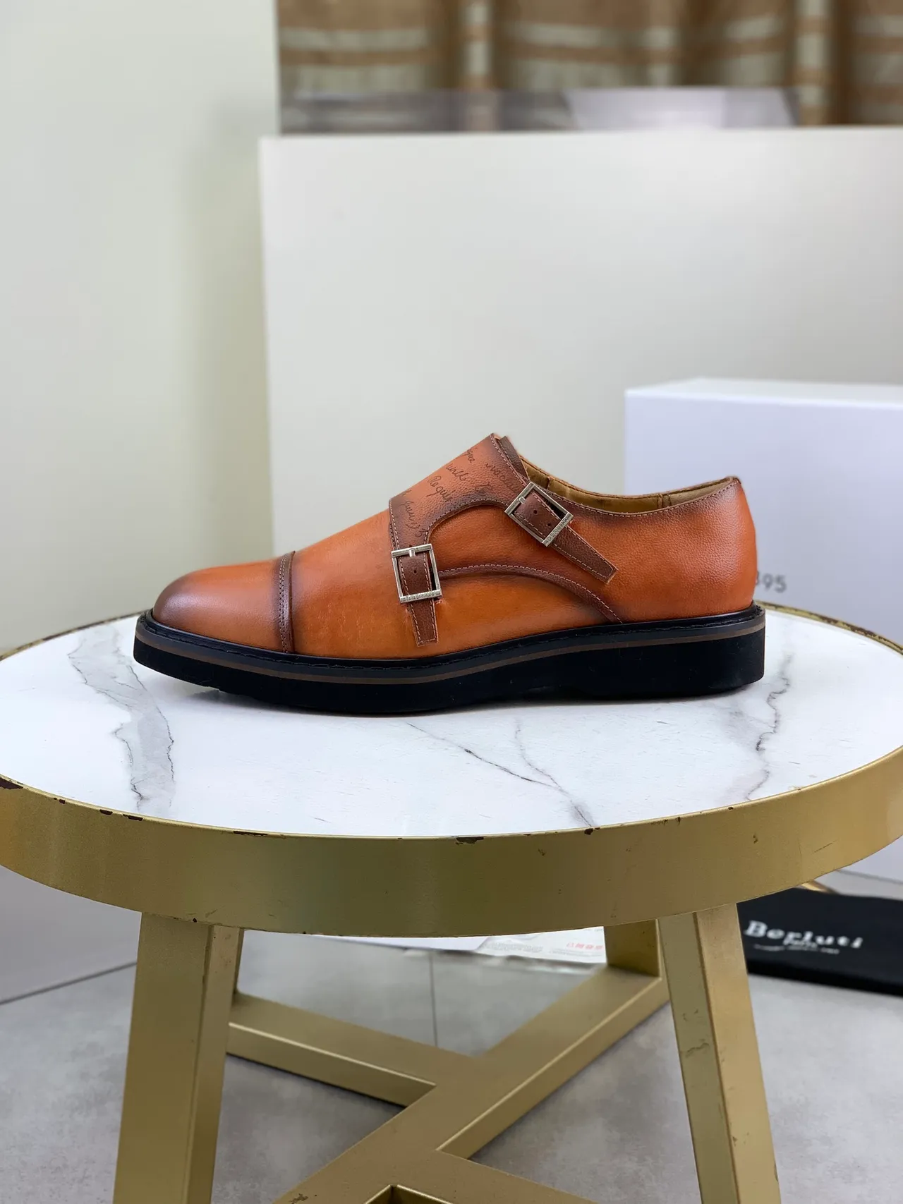BERLUTI Double Corréa Monk Marron Noir Bout Cap Chaussures Monk 6