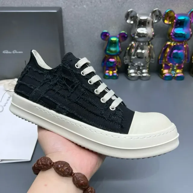 Black Beige Distressed Canvas Contrast Off-White Toe Cap Lifestyle Sneakers 7