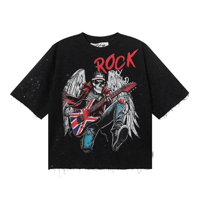 Camiseta negra cropped oversized con estampado gráfico y dobladillo crudo 3