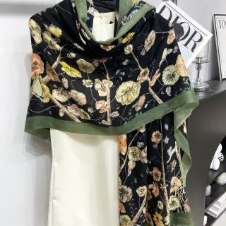 Black Green Floral-Print Bordered Shawl