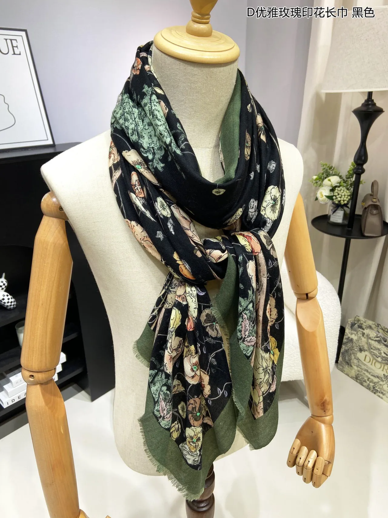 Black Green Floral-Print Bordered Shawl 6