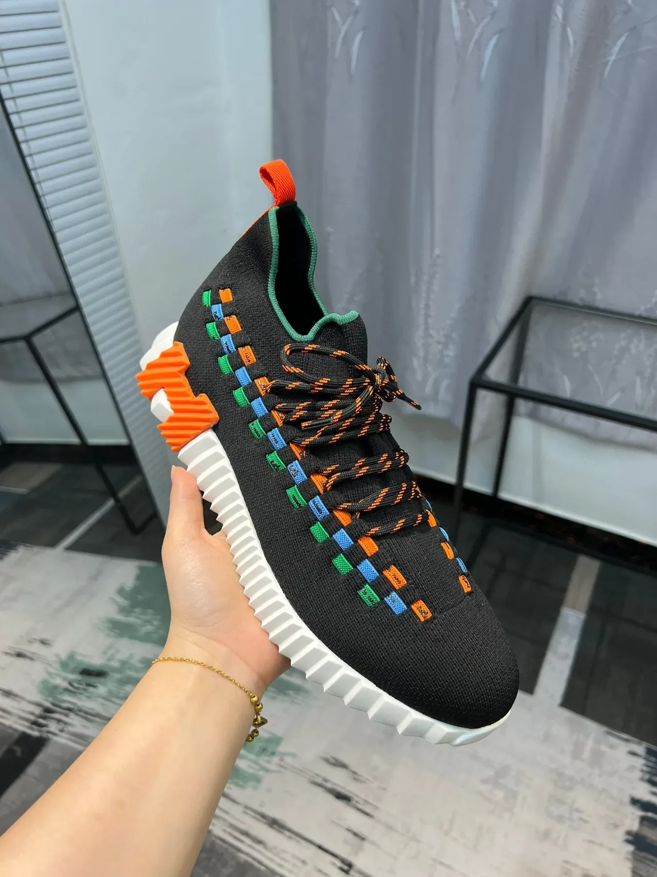 Black Multicolor Knit Sock-Fit Upper Woven Band Detailing Sneakers 7