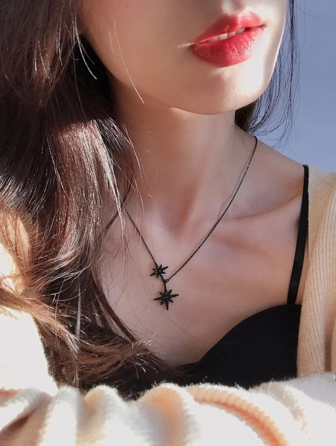 Collier pendentif double étoile noir marin chaîne en métal sombre 2