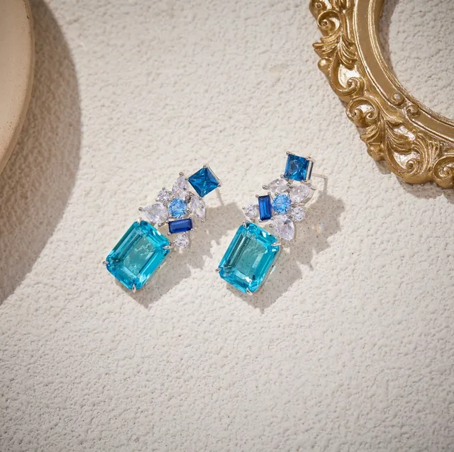 Blue and Clear Multi-Stone Cluster Drop Earrings 7