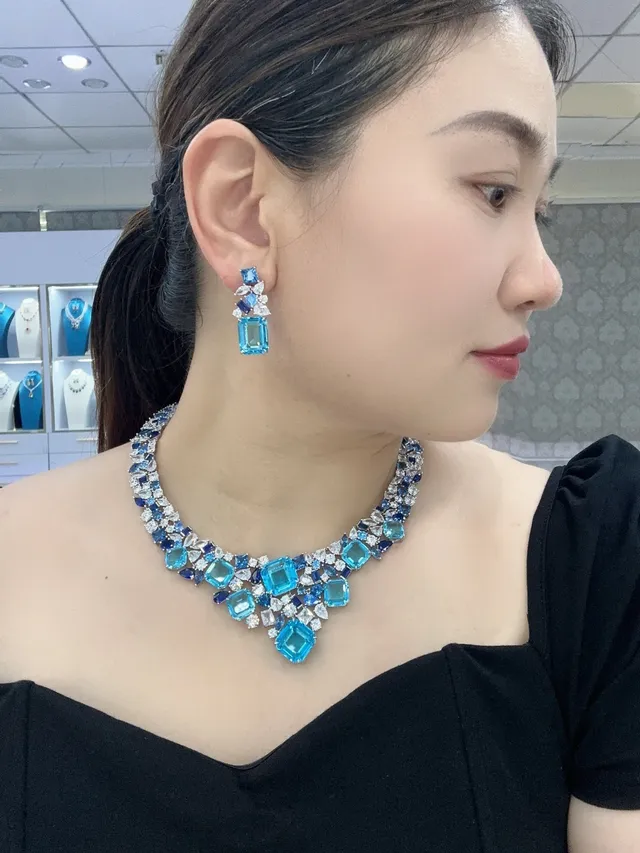 Blue and Clear Multi-Stone Cluster Drop Earrings 8