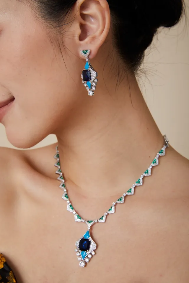 Blue Green Geometric Pendant Multi-Gemstone Necklace 2