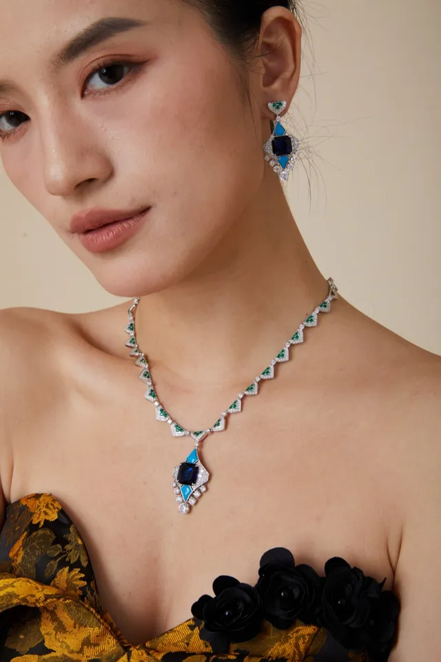 Blue Green Geometric Pendant Multi-Gemstone Necklace 5