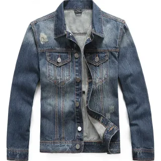 Blue Orange Classic Button-Front Distressed Wash Denim Jacket