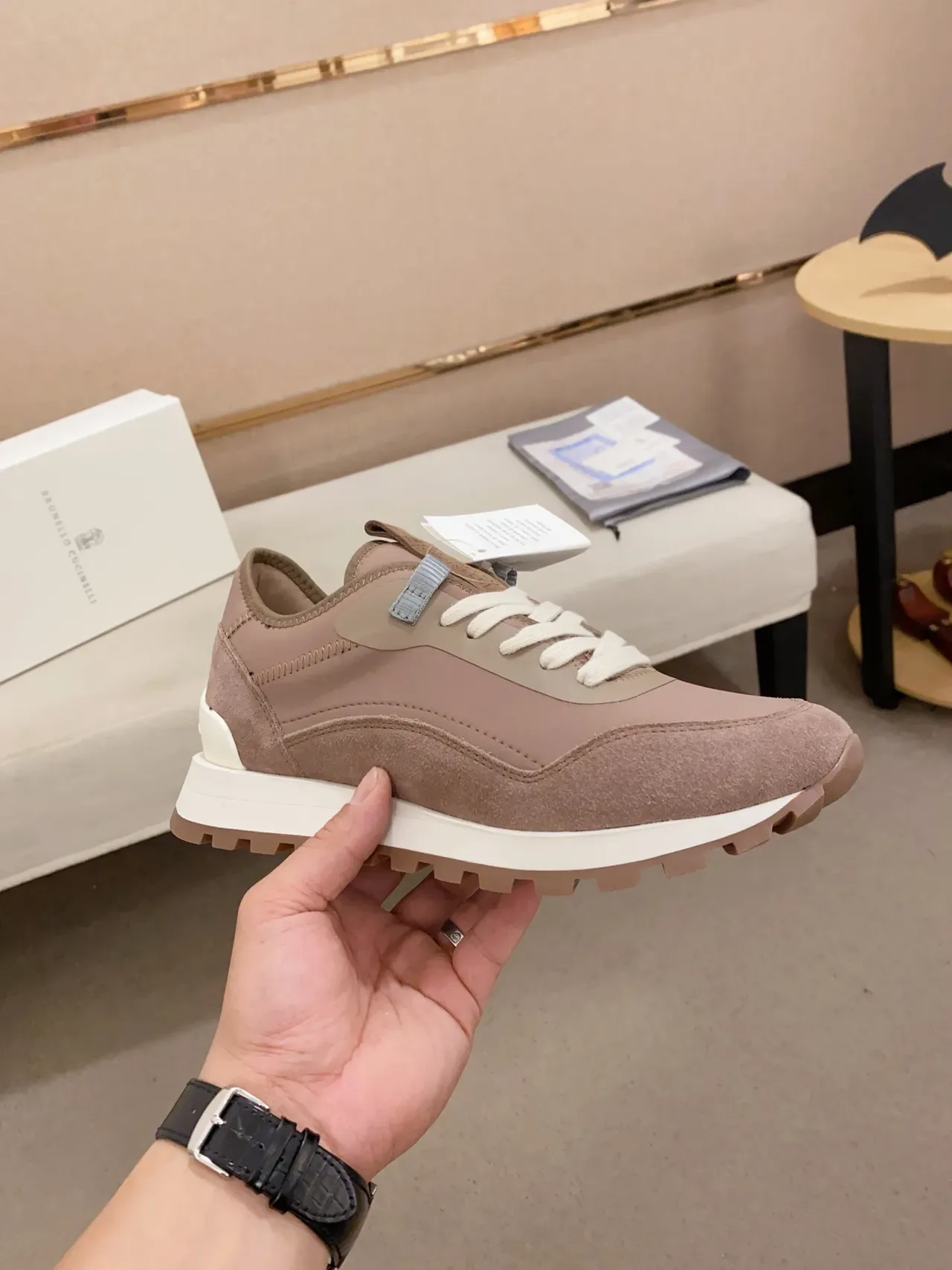 Brown White Layered Suede And Leather Upper Laces Sneakers 4