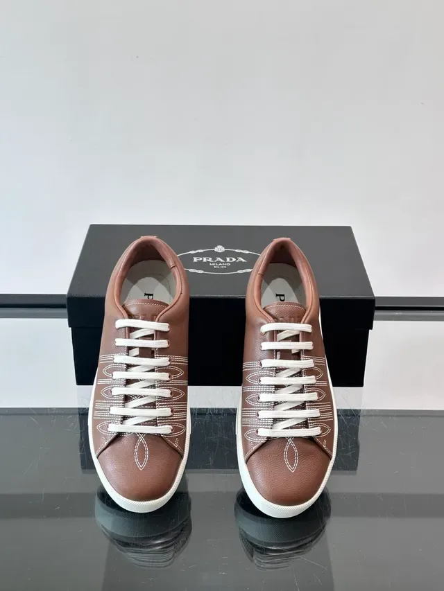 Brown White Leather Upper Contrast Stitching Sneakers 4