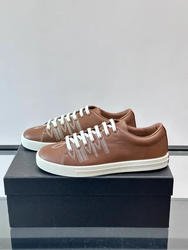 Brown White Leather Upper Contrast Stitching Sneakers 5