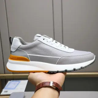 برونيلو كوتشينيلي حذاء رمادي برتقالي جلد حبيبي أعلى مصقول أبيض midsole lifestyle